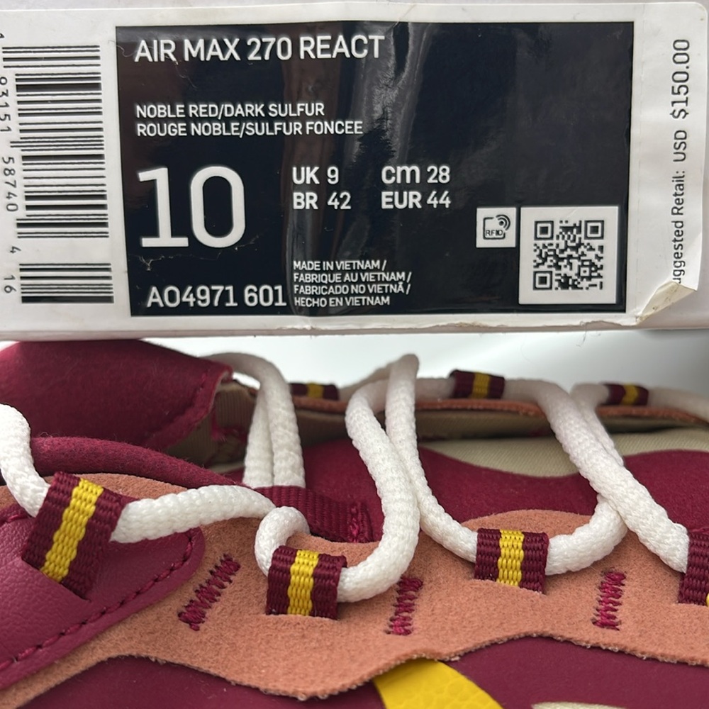 Nike Men’s AIR MAX 270 REACT Sneakers 
NOBLE RED/DARK SULFUR
A04971 601 - Picture 16 of 16